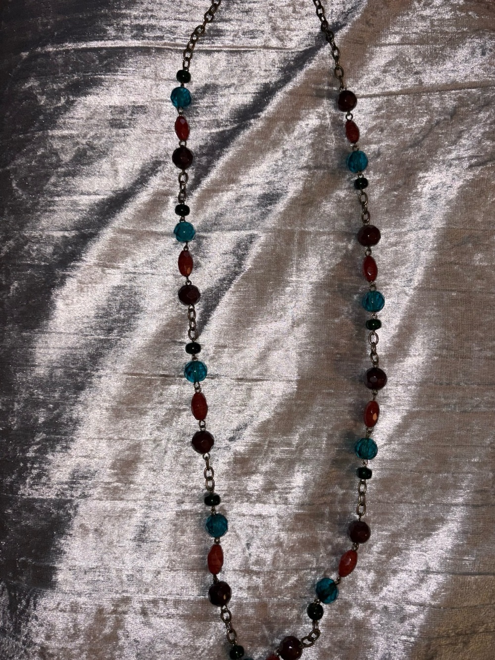 Long Beaded Necklace with Teal and Burgundy Accents